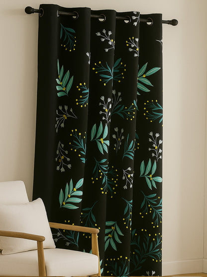 ana Botenical Leaf Print Cotton Eyelet Curtains for Window & Door – 5ft, 7ft, 9ft Long Door Curtain for Living Room Bedroom Home Set of 1 Black