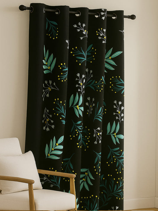 ana Botenical Leaf Print Cotton Eyelet Curtains for Window & Door – 5ft, 7ft, 9ft Long Door Curtain for Living Room Bedroom Home Set of 1 Black