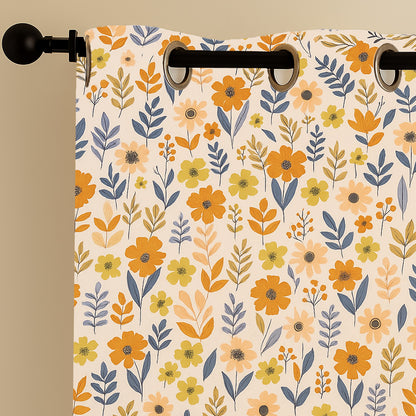 ana Flower Print Cotton Eyelet Curtains for Window & Door – Long Door Curtain for Living Room Bedroom  Set of 2