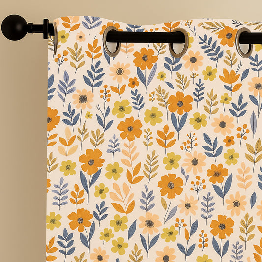 ana Flower Print Cotton Eyelet Curtains for Window & Door – Long Door Curtain for Living Room Bedroom  Set of 2