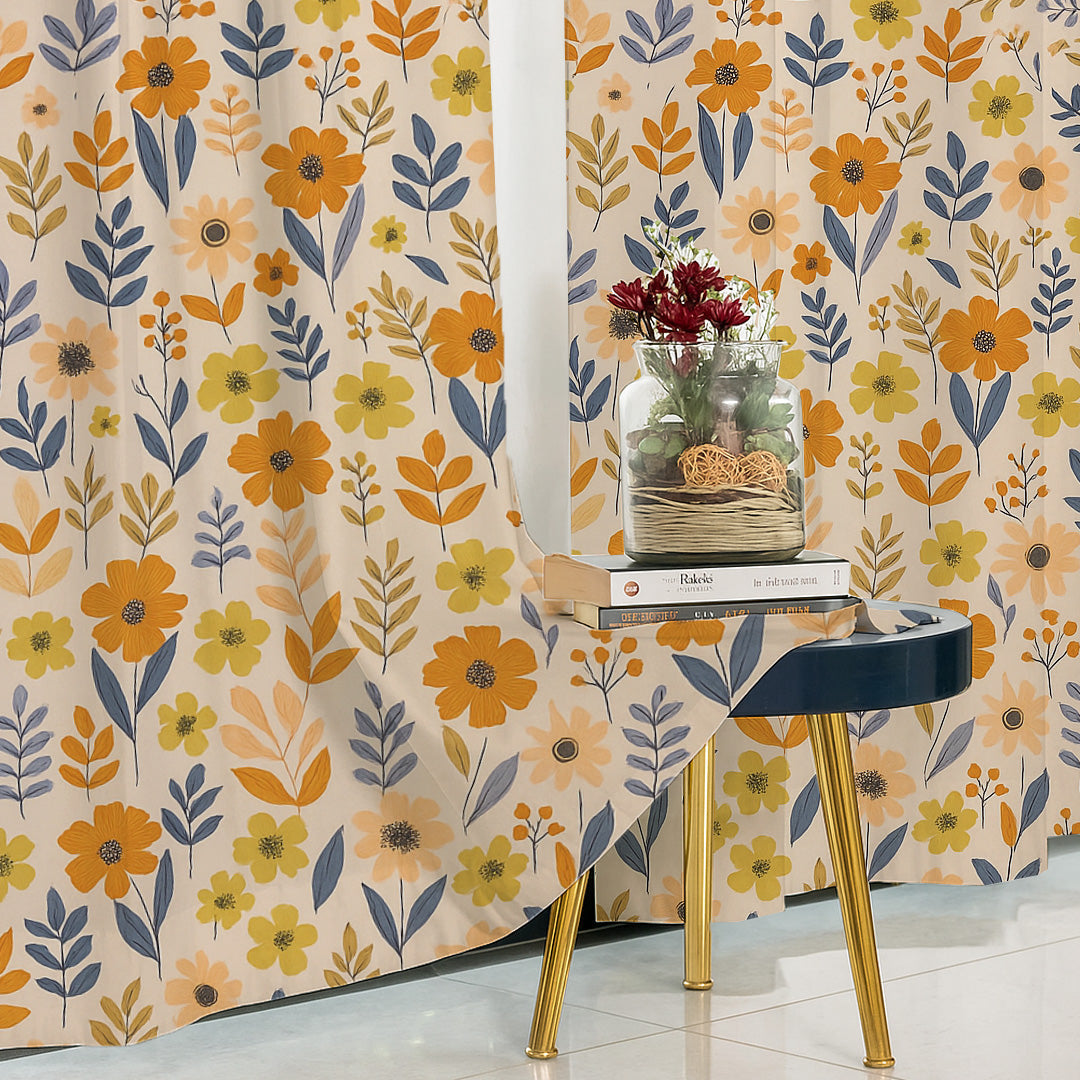ana Flower Print Cotton Eyelet Curtains for Window & Door – Long Door Curtain for Living Room Bedroom  Set of 2