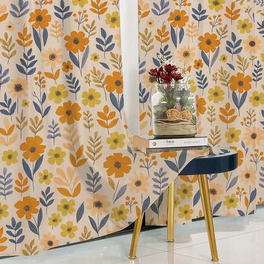 ana Flower Print Cotton Eyelet Curtains for Window & Door – Long Door Curtain for Living Room Bedroom  Set of 2