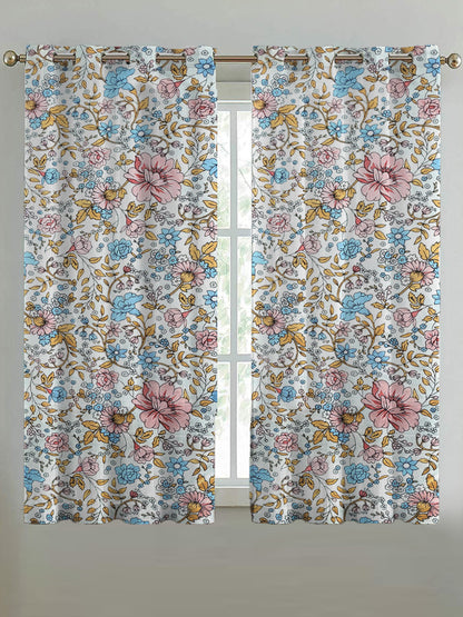ana Lily Floral Cotton Eyelet Curtains for Window & Door – 5ft, 7ft, 9ft Long Door Curtain for Living Room Bedroom Home Set of 2 Blue