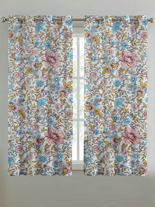 ana Lily Floral Cotton Eyelet Curtains for Window & Door – 5ft, 7ft, 9ft Long Door Curtain for Living Room Bedroom Home Set of 2 Blue