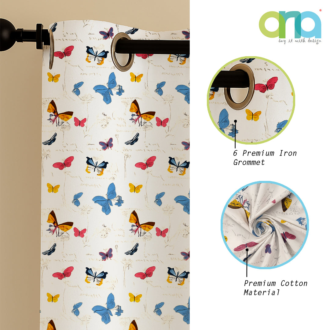 ana Butterfly Cotton Eyelet Curtains for Window & Door – 5ft, 7ft, 9ft Long Door Curtain for Living Room Bedroom Home Set of 3 for Kids