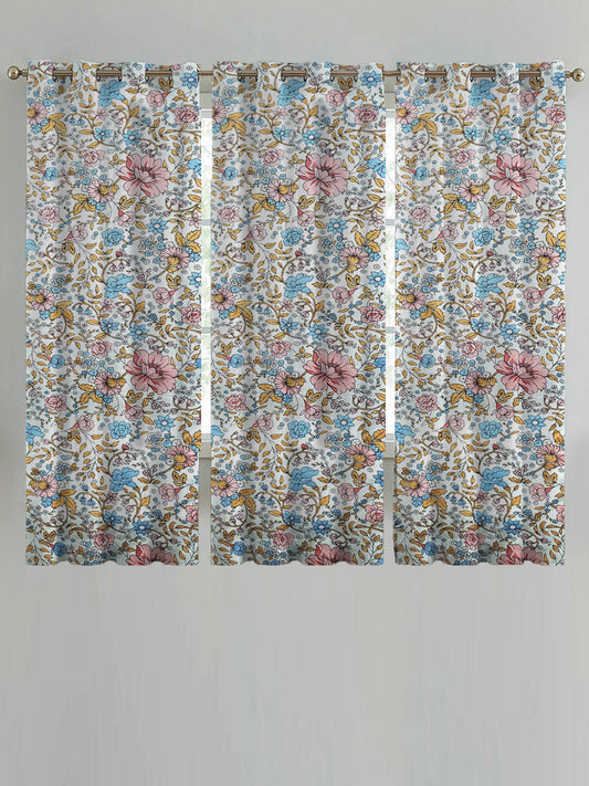 ana Lily Floral Cotton Eyelet Curtains for Window & Door – 5ft, 7ft, 9ft Long Door Curtain for Living Room Bedroom Home Set of 3 Blue