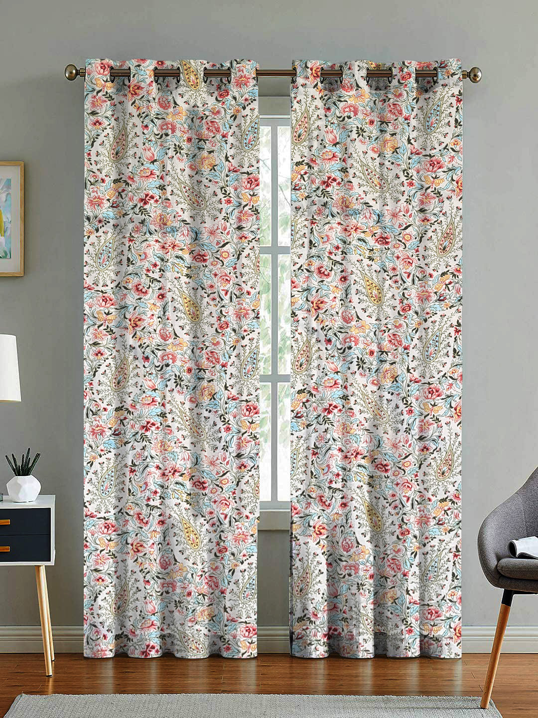 ana Printed Cotton Floral Eyelet Curtain – Window (5 ft) & Door (7 ft, 9 ft) Long Door Curtain for Living Room Tulip Floral Set of 2