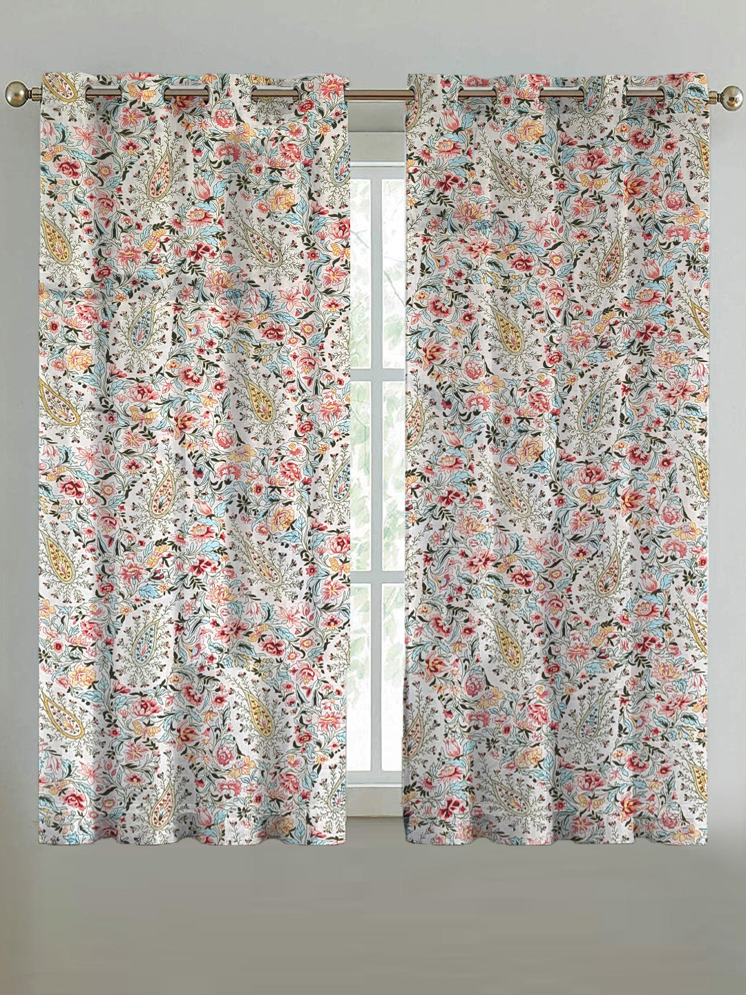 ana Printed Cotton Floral Eyelet Curtain – Window (5 ft) & Door (7 ft, 9 ft) Long Door Curtain for Living Room Tulip Floral Set of 2