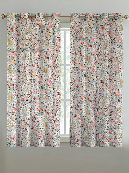 ana Printed Cotton Floral Eyelet Curtain – Window (5 ft) & Door (7 ft, 9 ft) Long Door Curtain for Living Room Tulip Floral Set of 2