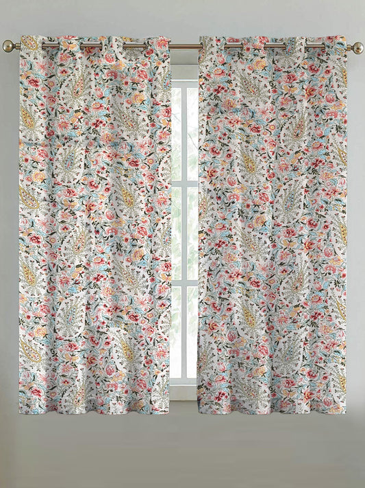 ana Printed Cotton Floral Eyelet Curtain – Window (5 ft) & Door (7 ft, 9 ft) Long Door Curtain for Living Room Tulip Floral Set of 2
