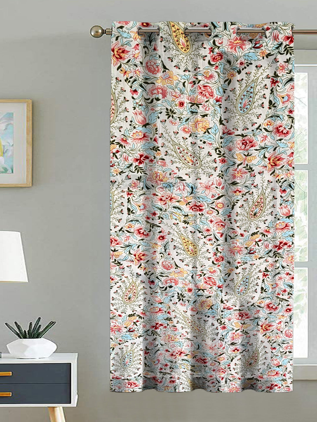 ana Printed Cotton Floral Eyelet Curtain – Window (5 ft) & Door (7 ft, 9 ft) Long Door Curtain for Living Room Tulip Floral Set of 1