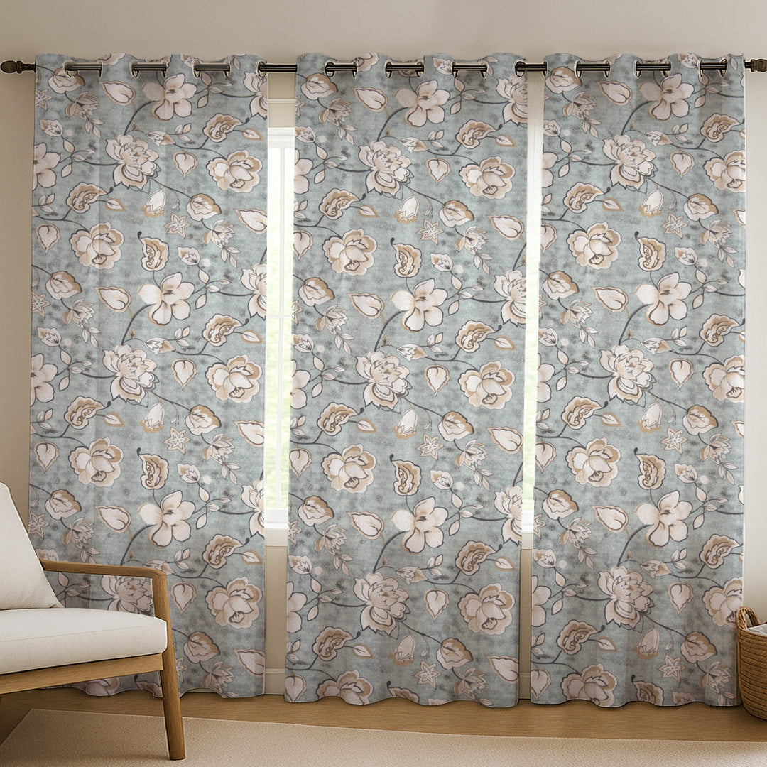 ana Big Flower Cotton Eyelet Curtains for Window & Door – 5ft, 7ft, 9ft Long Door Curtain for Living Room Bedroom  Set of 3