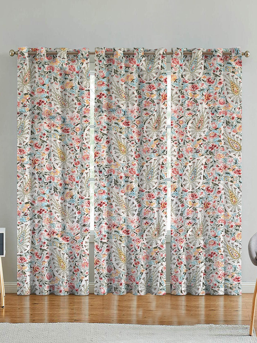 ana Printed Cotton Floral Eyelet Curtain – Window (5 ft) & Door (7 ft, 9 ft) Long Door Curtain for Living Room Tulip Floral Set of 3