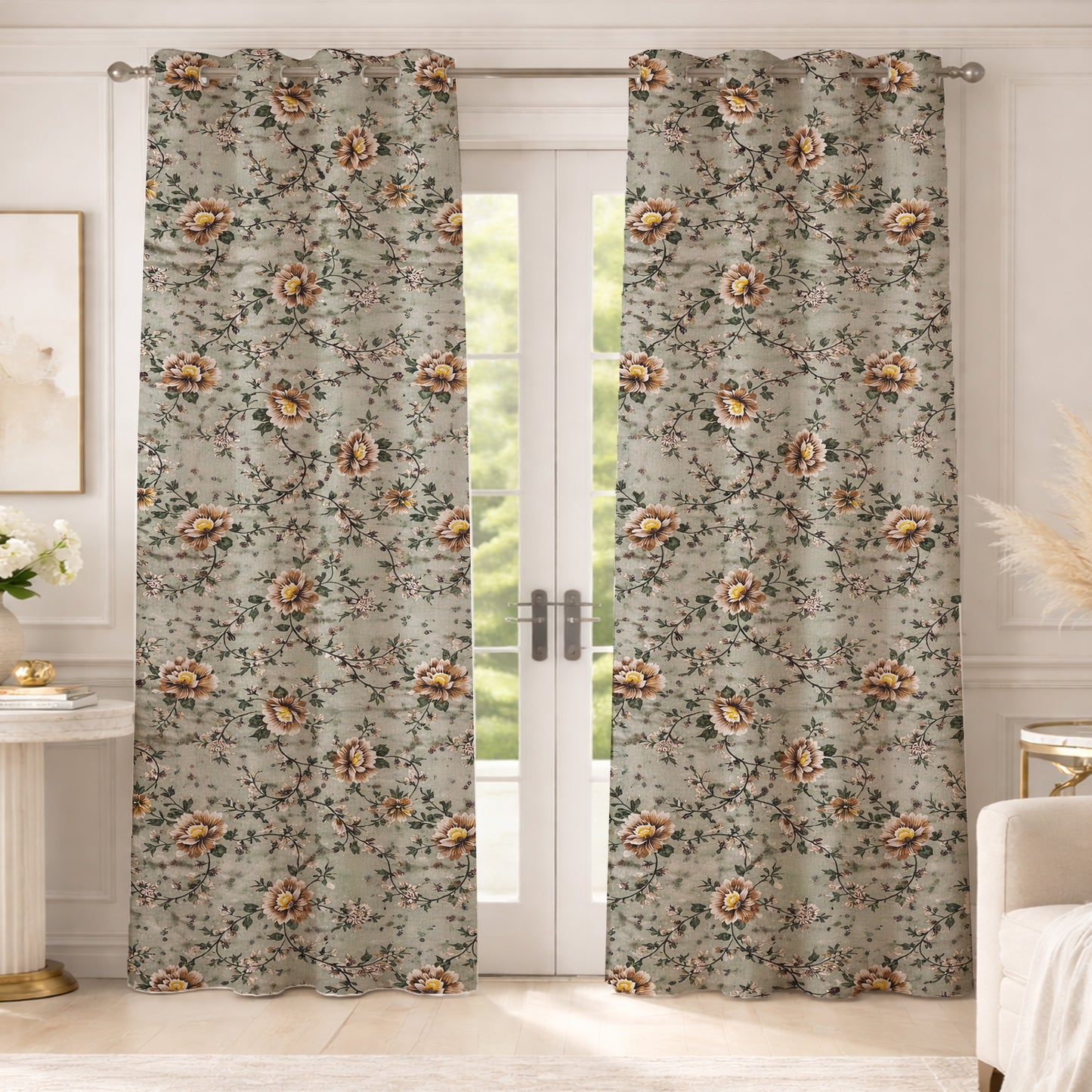 ana Green Floral Cotton Eyelet Curtains for Window & Door – 5ft, 7ft, 9ft Long Door Curtain for Living Room Bedroom  Set of 2