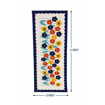 ANA Bedside Floor Runner Woven Carpet Printed for Home/Kitchen/Kitchen/Living Area/Office Entrance. (Cotton, 2 x 5 Feet) Set of 1 pcs Blue Floral Print