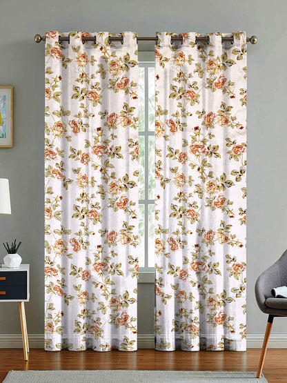 ana Premium Cotton Floral Eyelet Curtain – Window (5 ft) & Door (7 ft, 9 ft) Long Door Curtain for Living Room Rose Floral Beige Set of 2