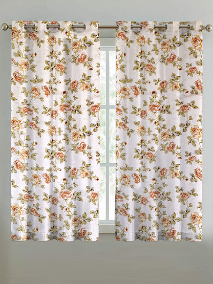 ana Premium Cotton Floral Eyelet Curtain – Window (5 ft) & Door (7 ft, 9 ft) Long Door Curtain for Living Room Rose Floral Beige Set of 2