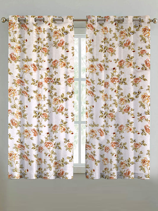 ana Premium Cotton Floral Eyelet Curtain – Window (5 ft) & Door (7 ft, 9 ft) Long Door Curtain for Living Room Rose Floral Beige Set of 2