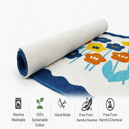 ANA Bedside Floor Runner Woven Carpet Printed for Home/Kitchen/Kitchen/Living Area/Office Entrance. (Cotton, 2 x 5 Feet) Set of 1 pcs Blue Floral Print