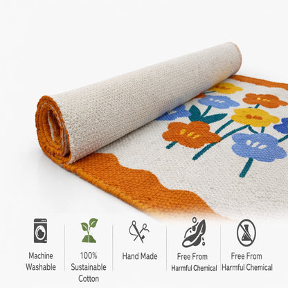 ANA Bedside Floor Runner Woven Carpet Printed for Home/Kitchen/Kitchen/Living Area/Office Entrance. (Cotton, 2 x 5 Feet) Set of 1 pcs Orange Floral Print