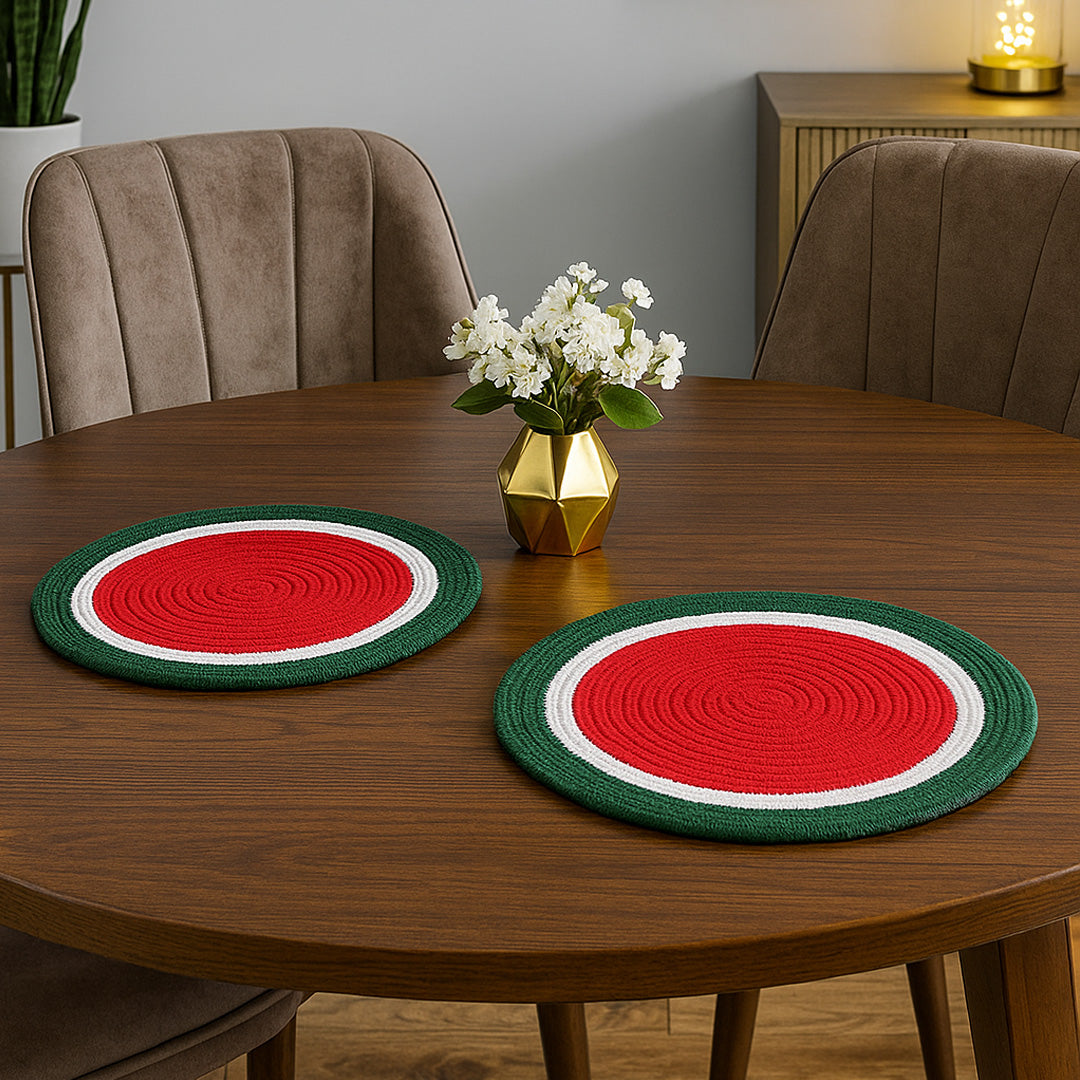 Ana round table mats set of 2 , cotton braided big size round outdoor table mat for dining table, coffee table, desk, office & food use