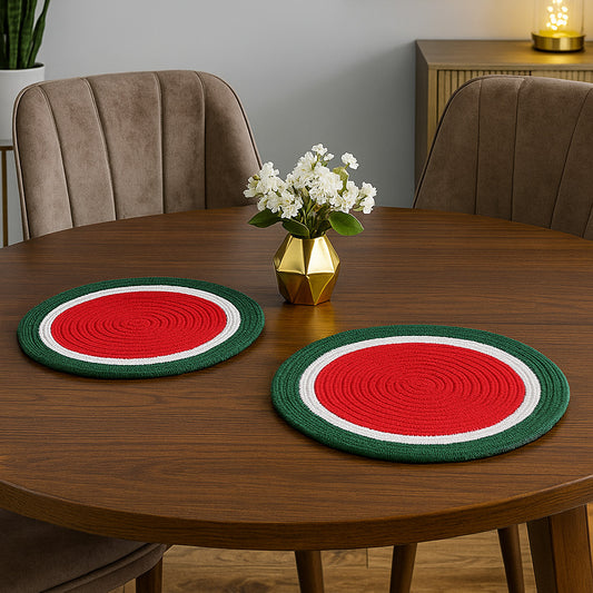 Ana round table mats set of 2 , cotton braided big size round outdoor table mat for dining table, coffee table, desk, office & food use