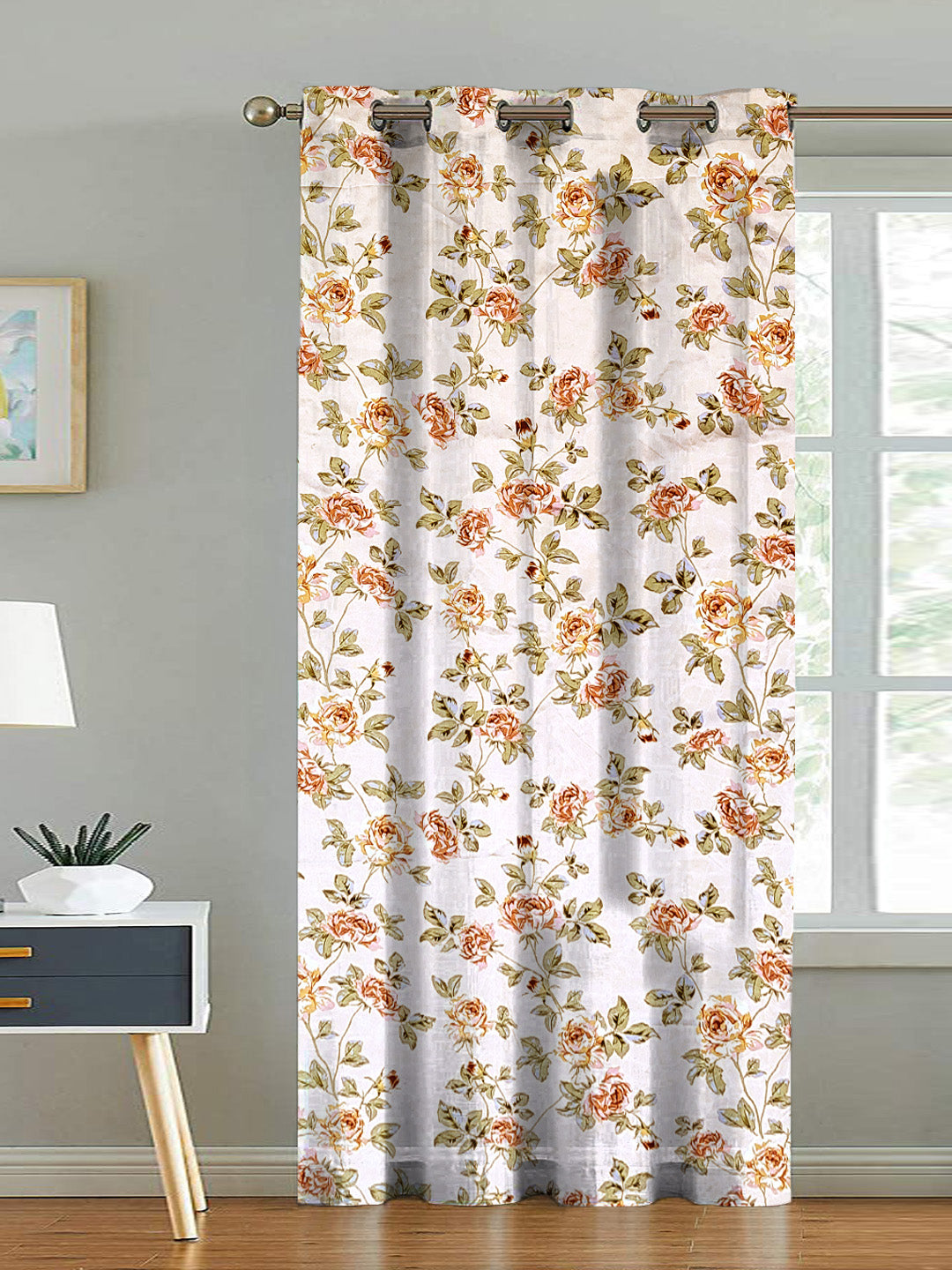 ana Premium Cotton Floral Eyelet Curtain – Window (5 ft) & Door (7 ft, 9 ft) Long Door Curtain for Living Room Rose Floral Beige Set of 1