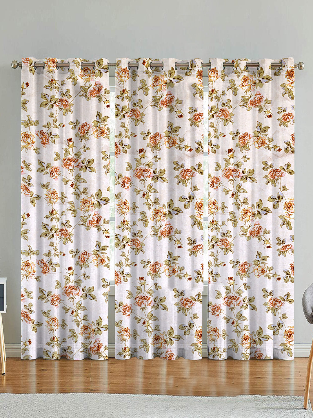 ana Premium Cotton Floral Eyelet Curtain – Window (5 ft) & Door (7 ft, 9 ft) Long Door Curtain for Living Room Rose Floral Beige Set of 3