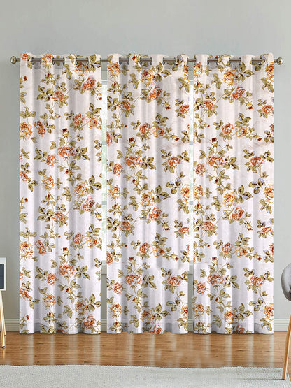 ana Premium Cotton Floral Eyelet Curtain – Window (5 ft) & Door (7 ft, 9 ft) Long Door Curtain for Living Room Rose Floral Beige Set of 3