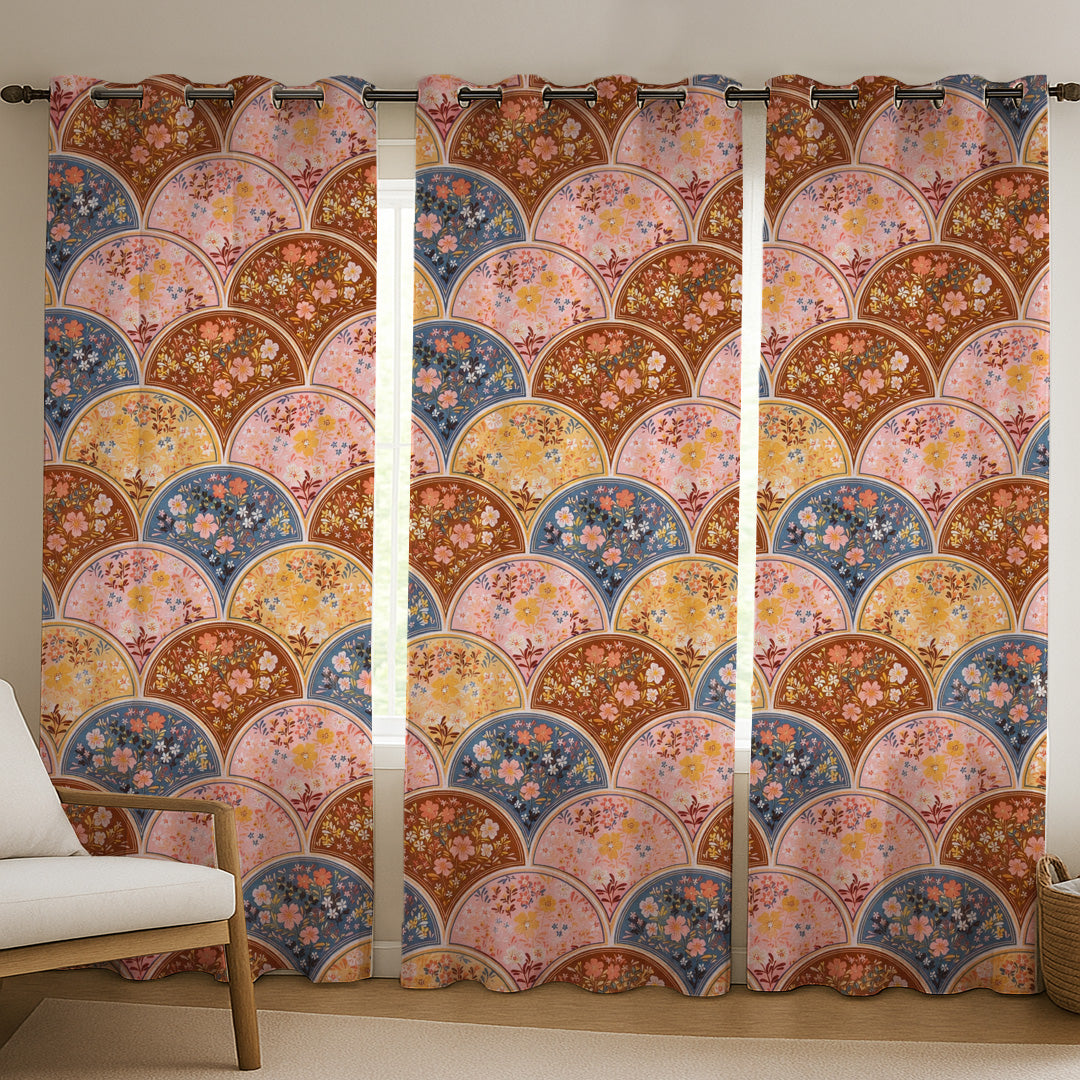 ana Rainbow Flower Print Cotton Eyelet Curtains for Window & Door – 5ft, 7ft, 9ft Long Door Curtain for Living Room Bedroom  Set of 3