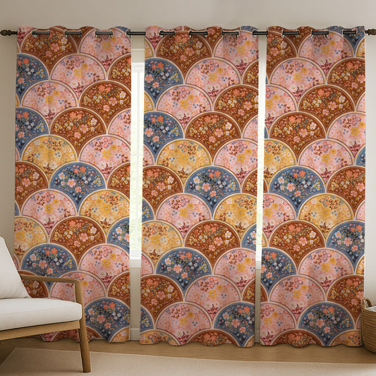ana Rainbow Flower Print Cotton Eyelet Curtains for Window & Door – 5ft, 7ft, 9ft Long Door Curtain for Living Room Bedroom  Set of 3