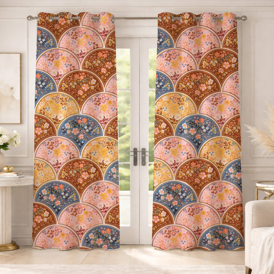 ana Rainbow Flower Print Cotton Eyelet Curtains for Window & Door – 5ft, 7ft, 9ft Long Door Curtain for Living Room Bedroom  Set of 2