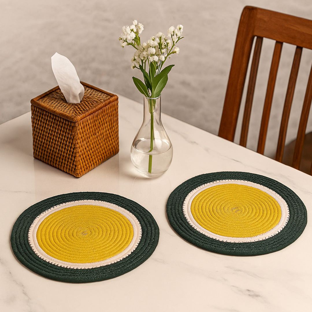 Ana round table mats set of 2 , cotton braided big size round outdoor table mat for dining table, coffee table, desk, office & food use