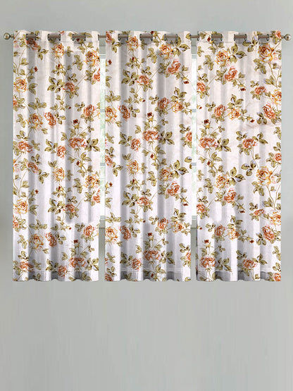 ana Premium Cotton Floral Eyelet Curtain – Window (5 ft) & Door (7 ft, 9 ft) Long Door Curtain for Living Room Rose Floral Beige Set of 3