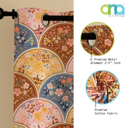 ana Rainbow Flower Print Cotton Eyelet Curtains for Window & Door – 5ft, 7ft, 9ft Long Door Curtain for Living Room Bedroom  Set of 3