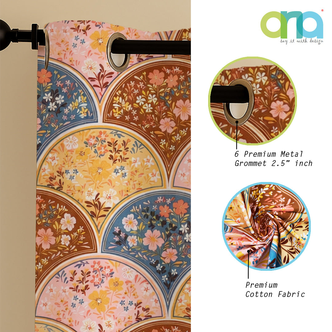 ana Rainbow Flower Print Cotton Eyelet Curtains for Window & Door – 5ft, 7ft, 9ft Long Door Curtain for Living Room Bedroom  Set of 2