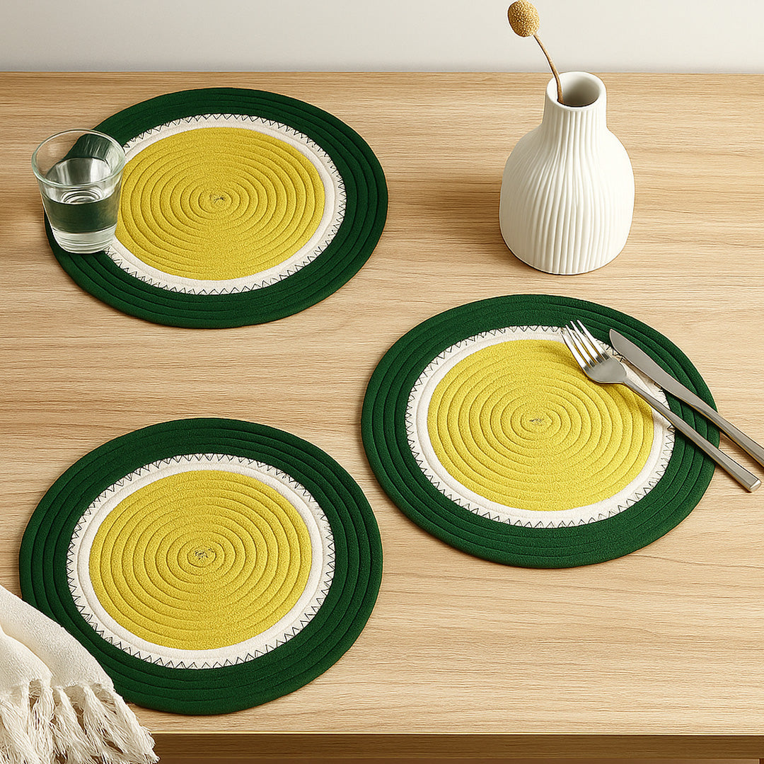 Ana round table mats set of 2 , cotton braided big size round outdoor table mat for dining table, coffee table, desk, office & food use