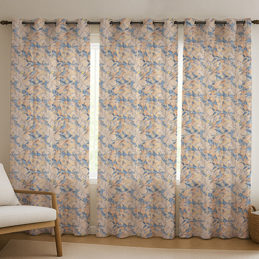 ana Magnolia Flower Print Cotton Eyelet Curtains for Window & Door – 5ft, 7ft, 9ft Long Door Curtain for Living Room Bedroom  Set of 3