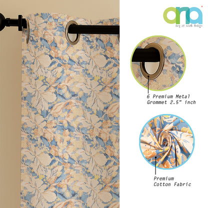 ana Magnolia Flower Print Cotton Eyelet Curtains for Window & Door – 5ft, 7ft, 9ft Long Door Curtain for Living Room Bedroom  Set of 2