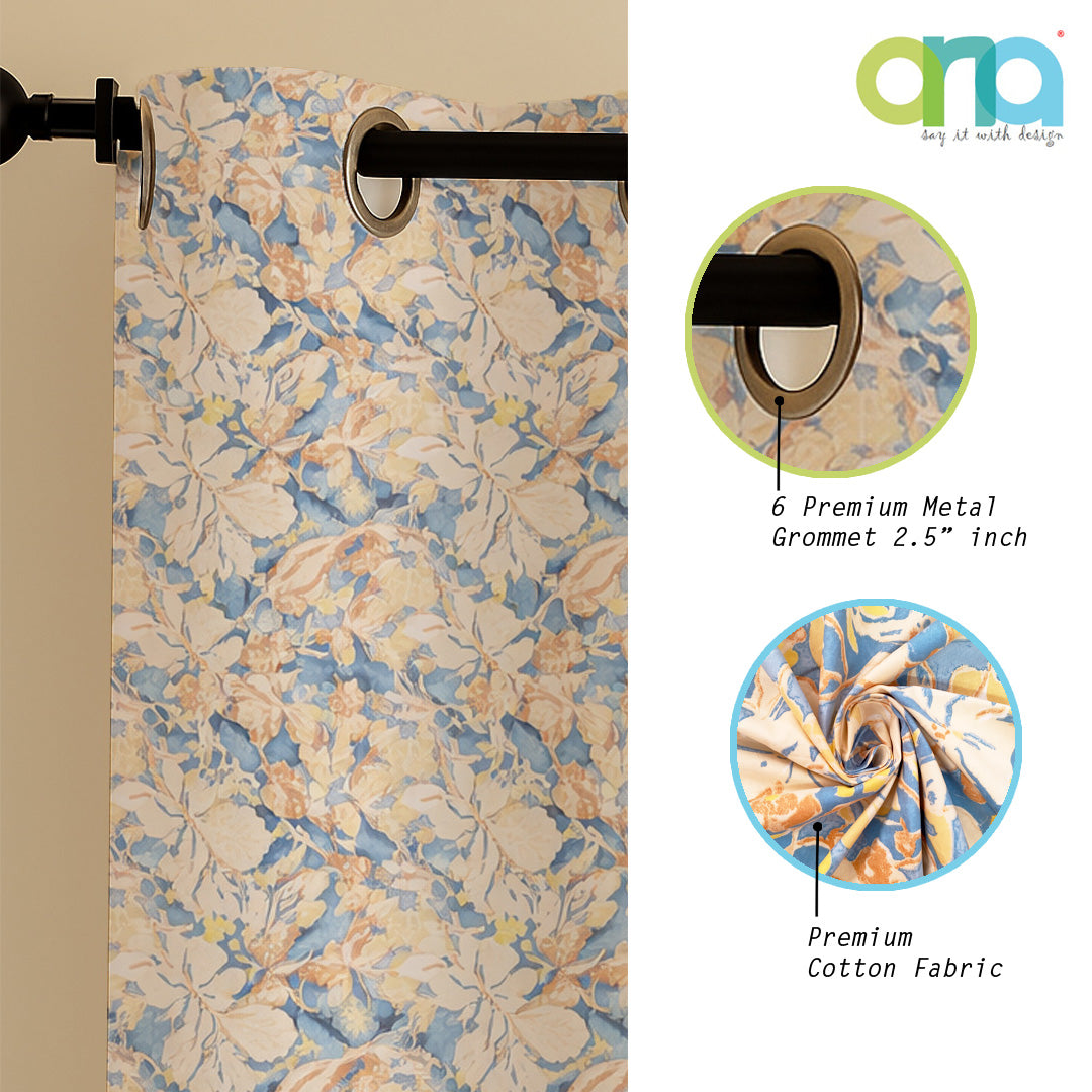ana Magnolia Flower Print Cotton Eyelet Curtains for Window & Door – 5ft, 7ft, 9ft Long Door Curtain for Living Room Bedroom  Set of 3