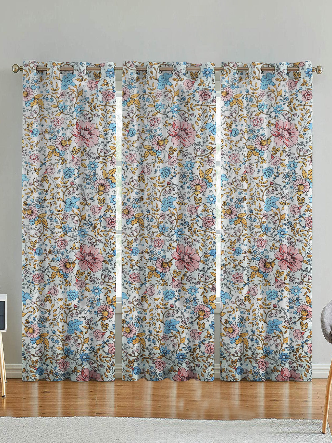 ana Lily Floral Cotton Eyelet Curtains for Window & Door – 5ft, 7ft, 9ft Long Door Curtain for Living Room Bedroom Home Set of 3 Blue