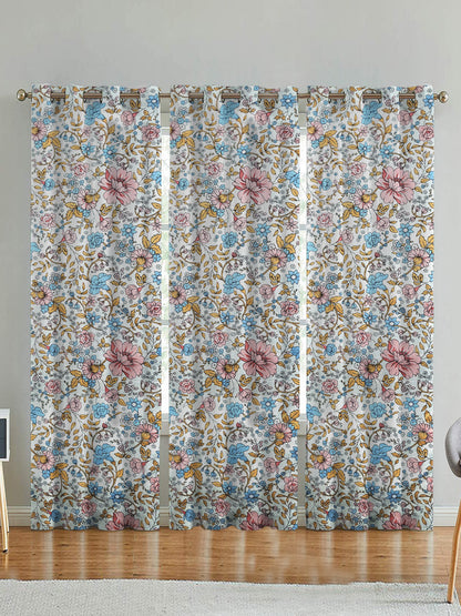 ana Lily Floral Cotton Eyelet Curtains for Window & Door – 5ft, 7ft, 9ft Long Door Curtain for Living Room Bedroom Home Set of 3 Blue