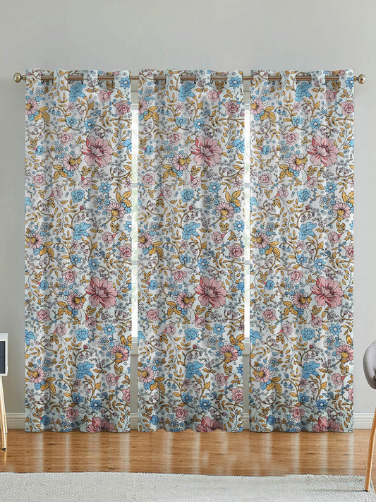 ana Lily Floral Cotton Eyelet Curtains for Window & Door – 5ft, 7ft, 9ft Long Door Curtain for Living Room Bedroom Home Set of 3 Blue