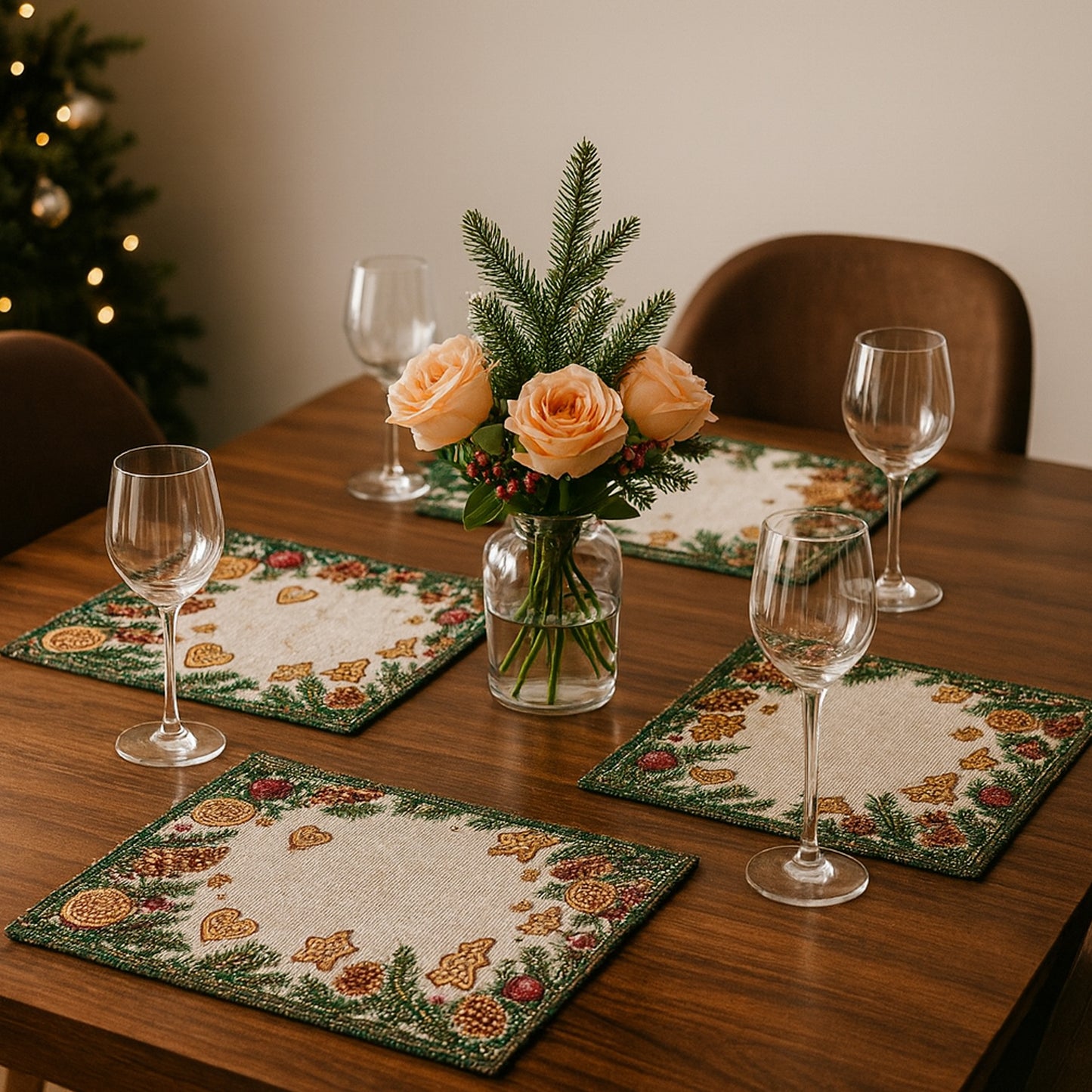 Ana Gingerbread Chrismas Table mats set of 2 , Jaquard Woven Polycotton table mat for dining table