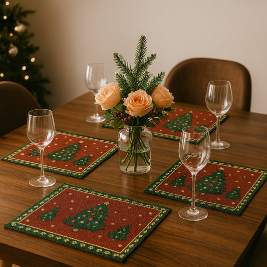Ana Chrismas Tree Santa Table mats set of 2 , Jaquard Woven Polycotton table mat for dining table
