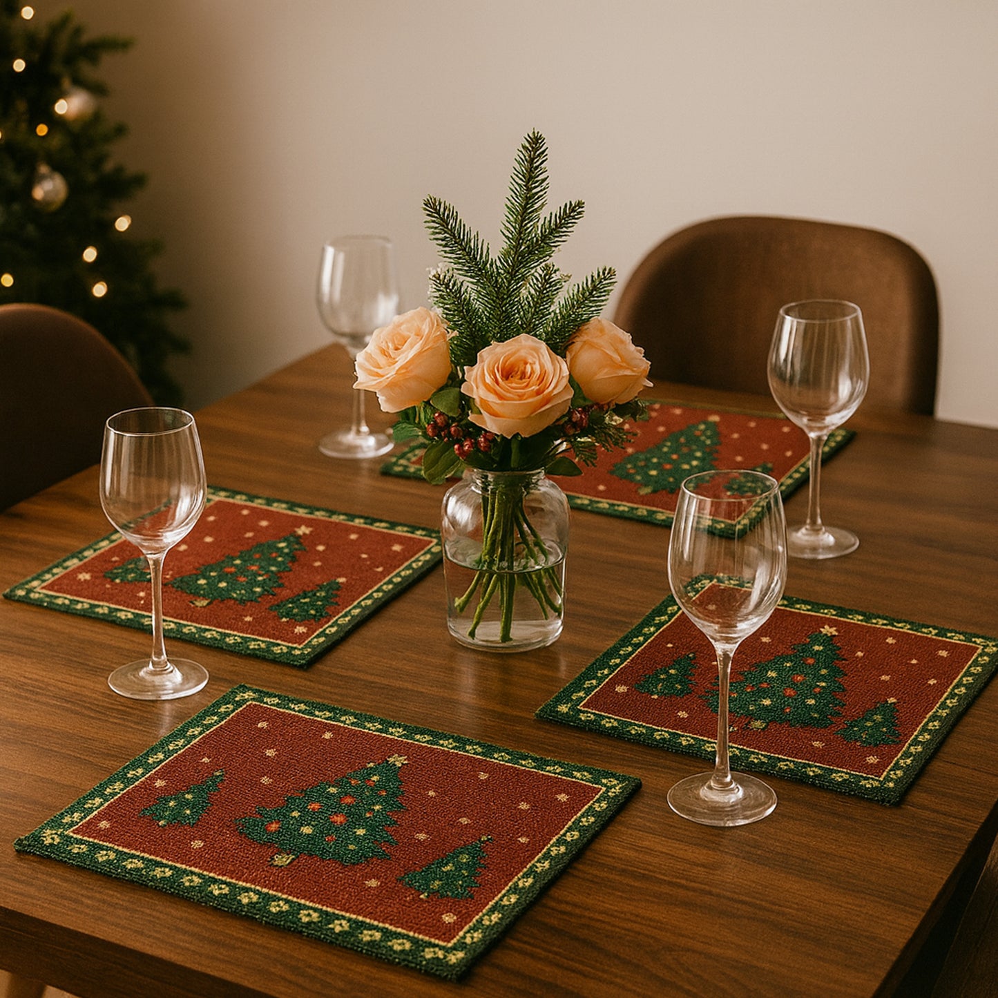 Ana Chrismas Tree Santa Table mats set of 2 , Jaquard Woven Polycotton table mat for dining table