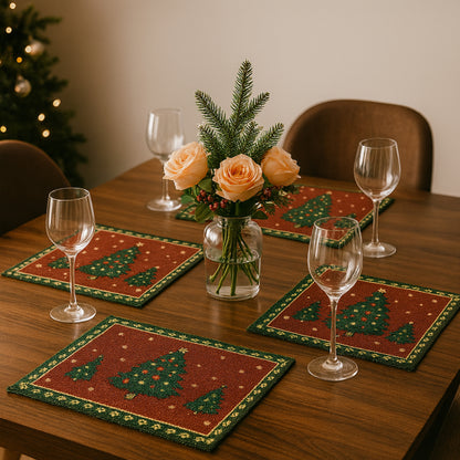 Ana Chrismas Tree Santa Table mats set of 2 , Jaquard Woven Polycotton table mat for dining table