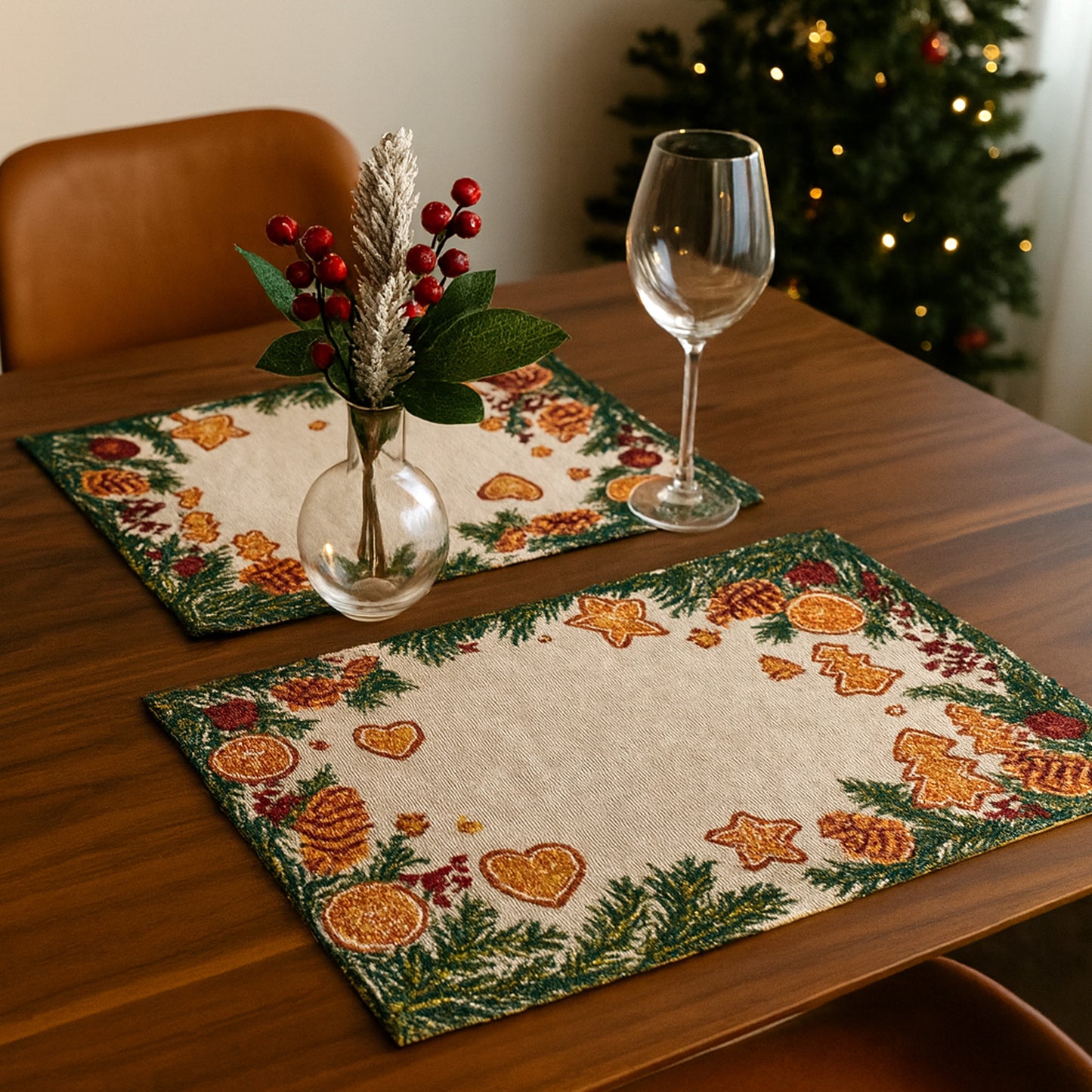 Ana Gingerbread Chrismas Table mats set of 2 , Jaquard Woven Polycotton table mat for dining table