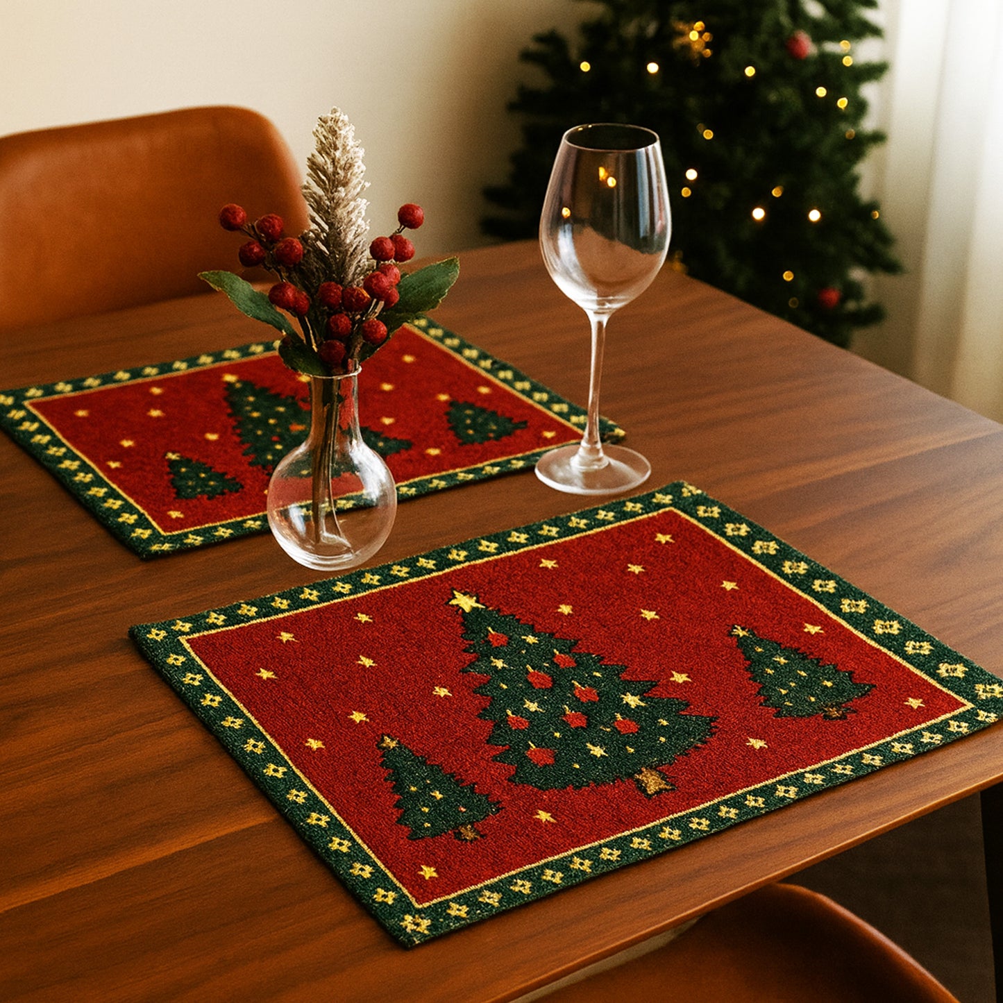 Ana Chrismas Tree Santa Table mats set of 2 , Jaquard Woven Polycotton table mat for dining table