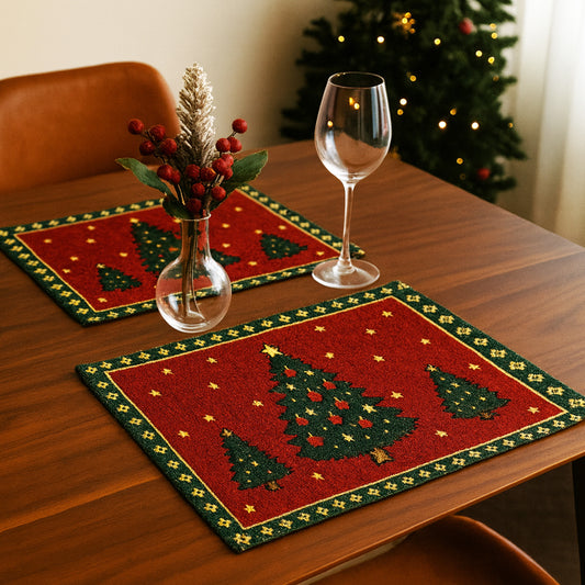 Ana Chrismas Tree Santa Table mats set of 2 , Jaquard Woven Polycotton table mat for dining table